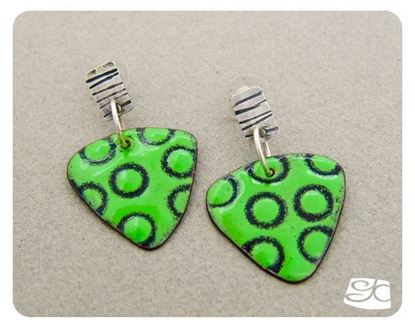 Picture of Sterling silver, bright green and black, torch fired enamel earrings
